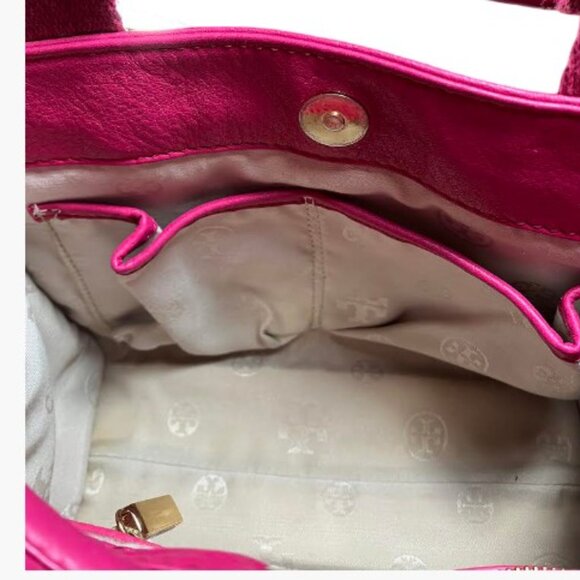 Tory Burch Ella Small Leather and Canvas Logo Embossed Tote in Magenta EUC - Picture 11 of 12